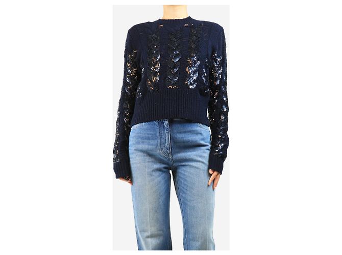 Emilio Pucci Navy-farbener Strickpullover mit Zopfmuster und Pailletten - Größe M Marineblau - Ansicht 3
