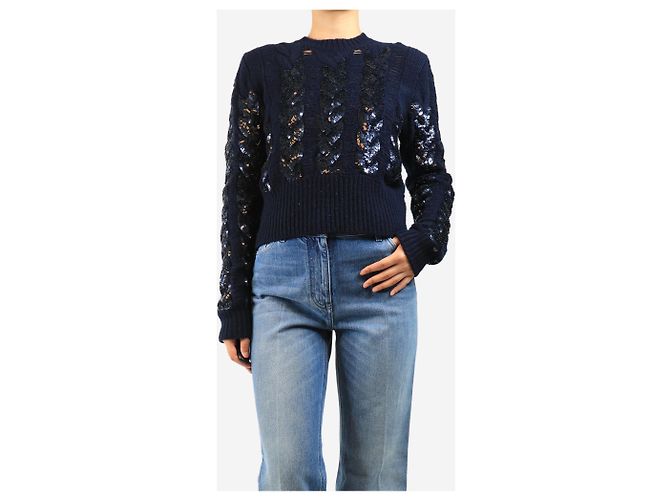 Emilio Pucci Navy-farbener Strickpullover mit Zopfmuster und Pailletten - Größe M Marineblau - Ansicht 4
