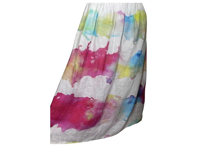 Falda midi 120% Lino con estampado de acuarela Rosa Blanco Azul Multicolor Verde Amarillo - vista 2