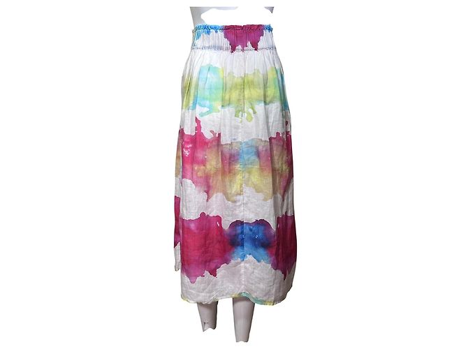 Falda midi 120% Lino con estampado de acuarela Rosa Blanco Azul Multicolor Verde Amarillo - vista 3