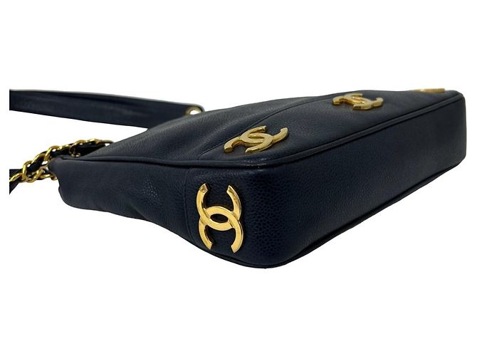 Chanel Vintage Triple Coco Caviar Leder Schultertasche Marineblau - Ansicht 8