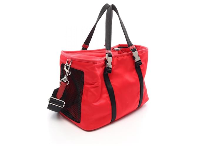 Saffiano Sac à main Prada Re-Nylon Pet Bag Noir Rouge - vue 2
