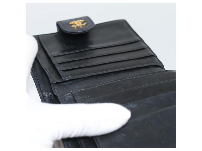 Carteira Bifold Bicolor em pele de cordeiro CHANEL Black CC Auth bs36637 Preto - vista 15