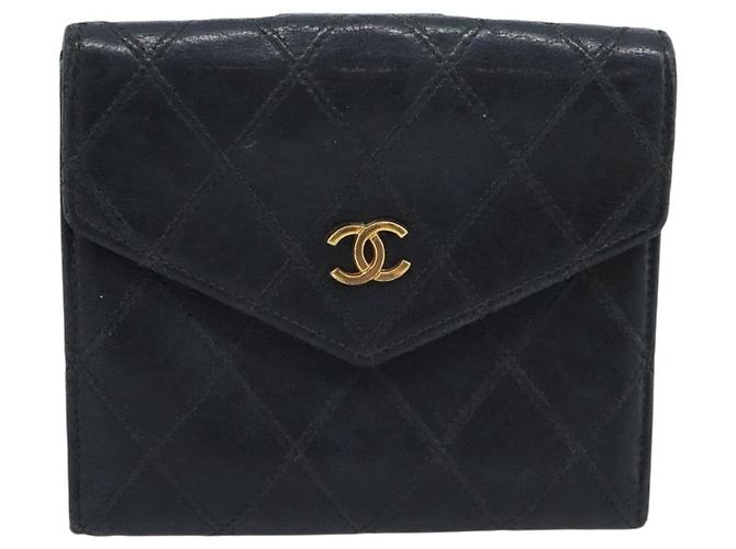 Carteira Bifold Bicolor em pele de cordeiro CHANEL Black CC Auth bs36637 Preto - vista 2