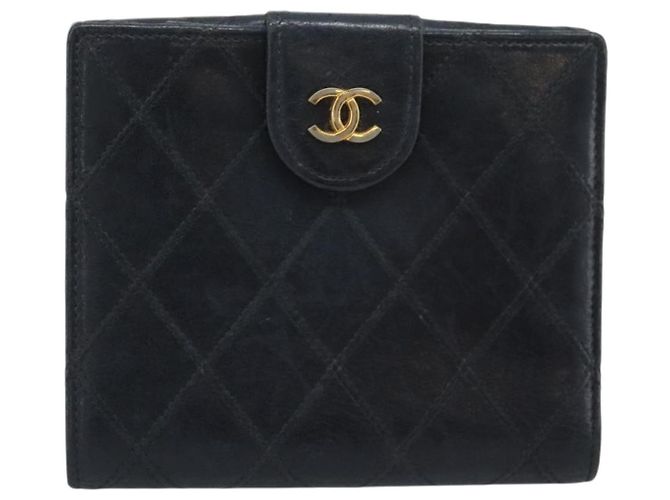 Carteira Bifold Bicolor em pele de cordeiro CHANEL Black CC Auth bs36637 Preto - vista 3