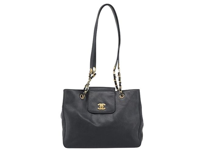 Borsa Tote con tracolla a catena CHANEL in pelle Caviar nera e CC dorato Auth 194920SAM Nero D'oro - vista 2