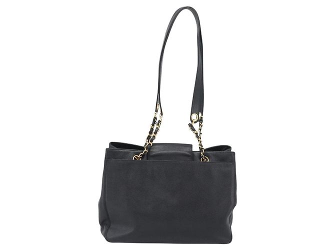 Borsa Tote con tracolla a catena CHANEL in pelle Caviar nera e CC dorato Auth 194920SAM Nero D'oro - vista 3