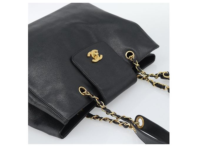 Borsa Tote con tracolla a catena CHANEL in pelle Caviar nera e CC dorato Auth 194920SAM Nero D'oro - vista 6