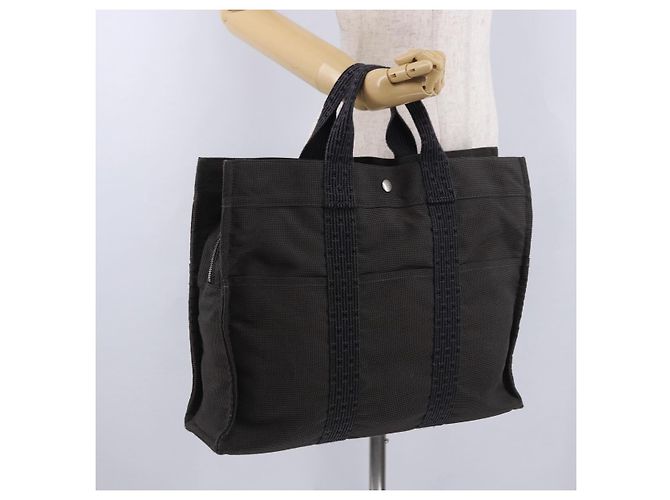 Hermès HERMES Her LineMM Hand Bag Canvas Gray Silver Auth 192552 Marrone Argento - vista 21