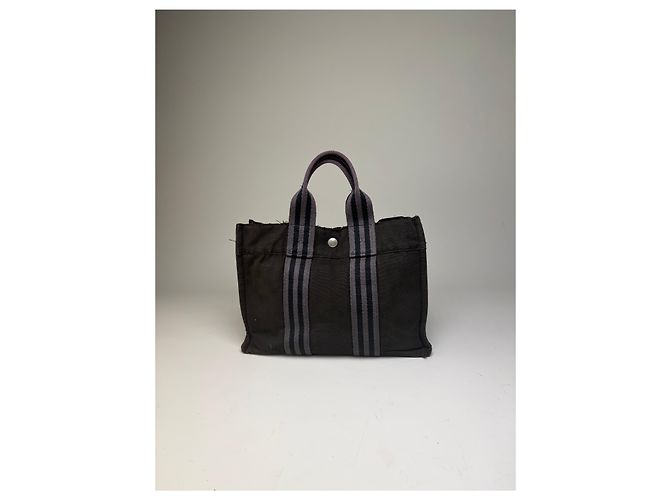 Hermès Vintage Hermes Baumwolltasche Schwarz Grau - Ansicht 2
