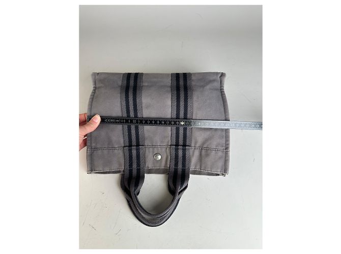 Hermès Tote in tela di cotone vintage Hermes Grigio Argento - vista 12