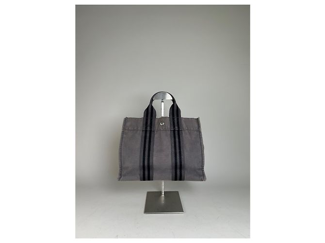 Hermès Tote in tela di cotone vintage Hermes Grigio Argento - vista 13