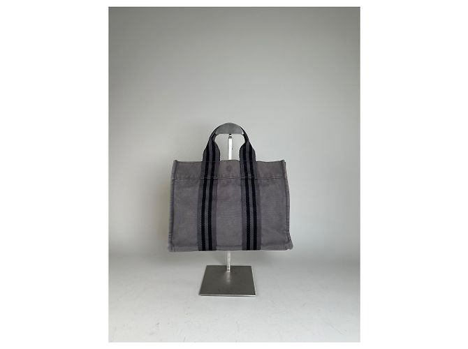 Hermès Tote in tela di cotone vintage Hermes Grigio Argento - vista 14