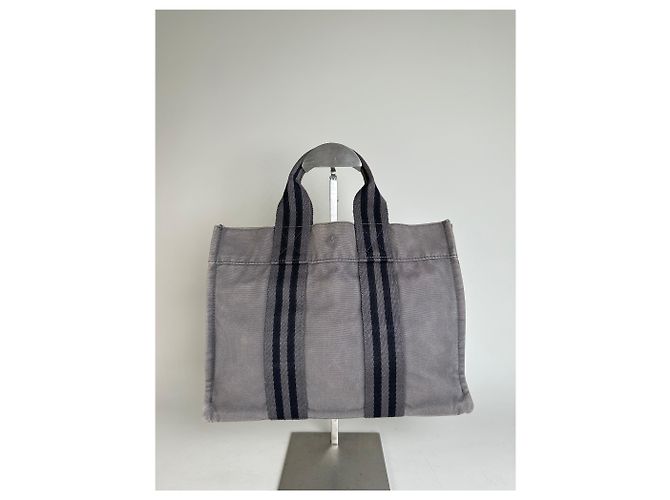 Hermès Tote in tela di cotone vintage Hermes Grigio Argento - vista 2
