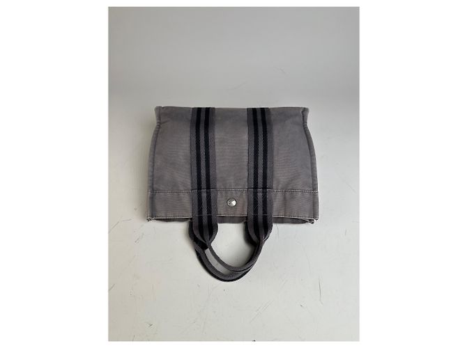 Hermès Tote in tela di cotone vintage Hermes Grigio Argento - vista 8