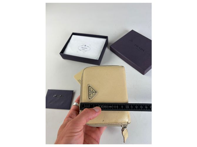 Vintage Prada Saffiano Leather Zip Wallet Cream Silver Beige - view 10