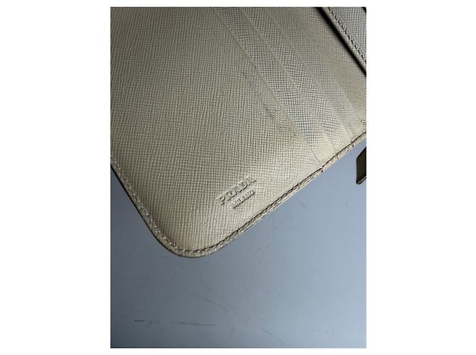 Vintage Prada Saffiano Leather Zip Wallet Cream Silver Beige - view 7