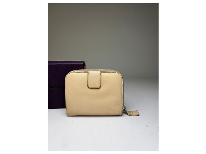 Vintage Prada Saffiano Leather Zip Wallet Cream Silver Beige - view 8