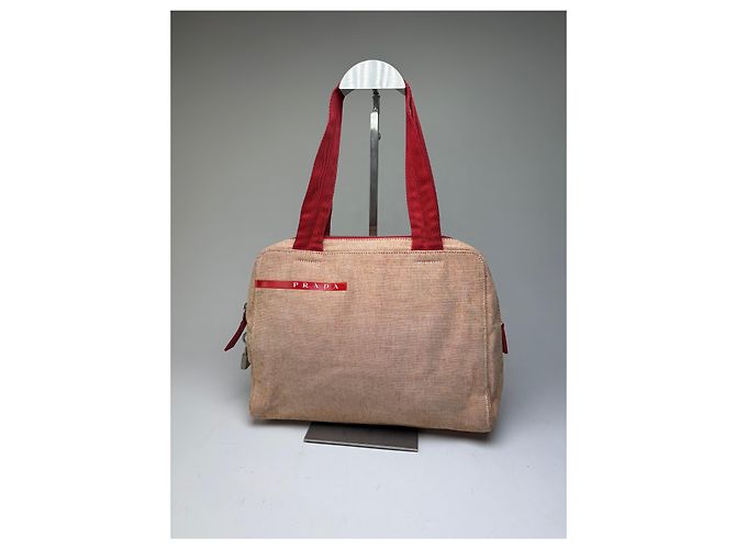 Vintage Prada Canvas Handtasche Beige Rot Silber - Ansicht 11