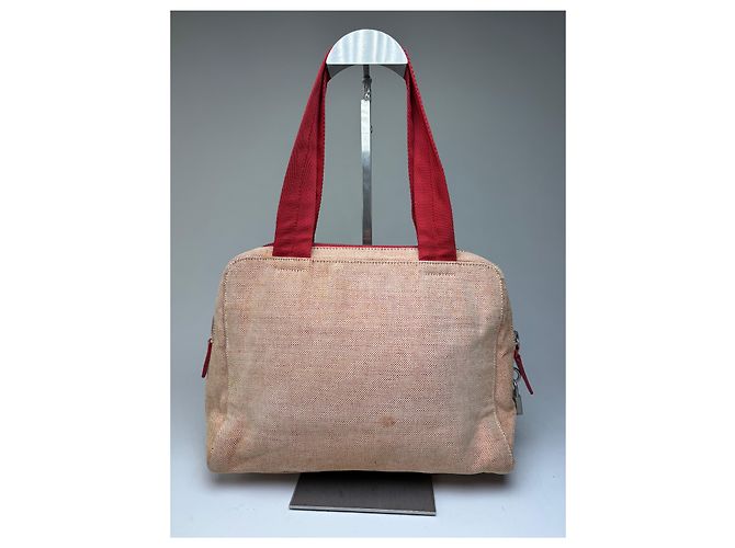 Vintage Prada Canvas Handtasche Beige Rot Silber - Ansicht 2