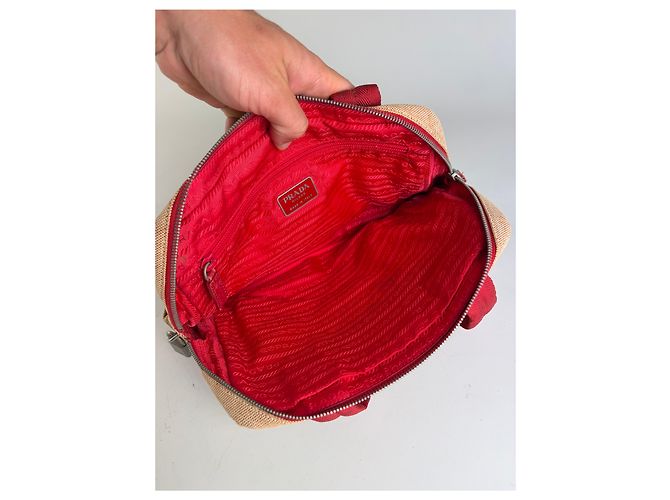 Vintage Prada Canvas Handtasche Beige Rot Silber - Ansicht 3