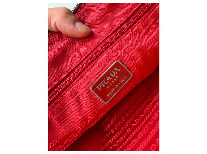 Vintage Prada Canvas Handtasche Beige Rot Silber - Ansicht 4