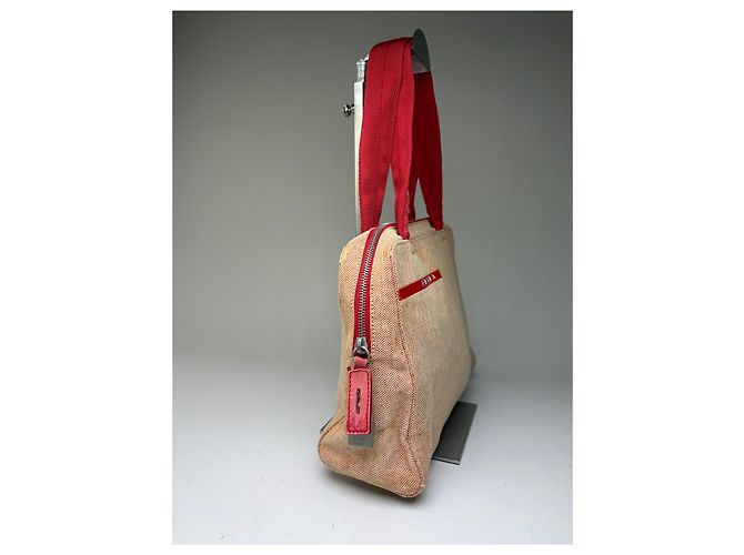 Vintage Prada Canvas Handtasche Beige Rot Silber - Ansicht 5