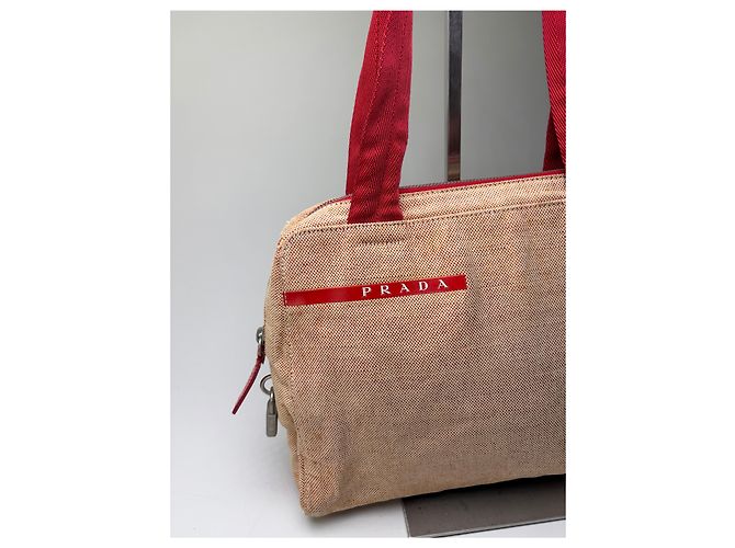 Vintage Prada Canvas Handtasche Beige Rot Silber - Ansicht 6
