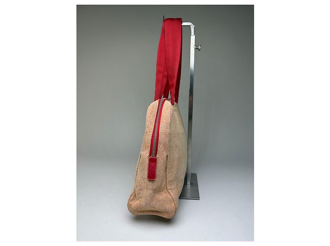 Vintage Prada Canvas Handtasche Beige Rot Silber - Ansicht 7