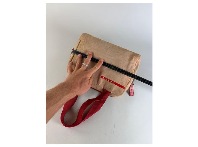 Vintage Prada Canvas Handtasche Beige Rot Silber - Ansicht 8
