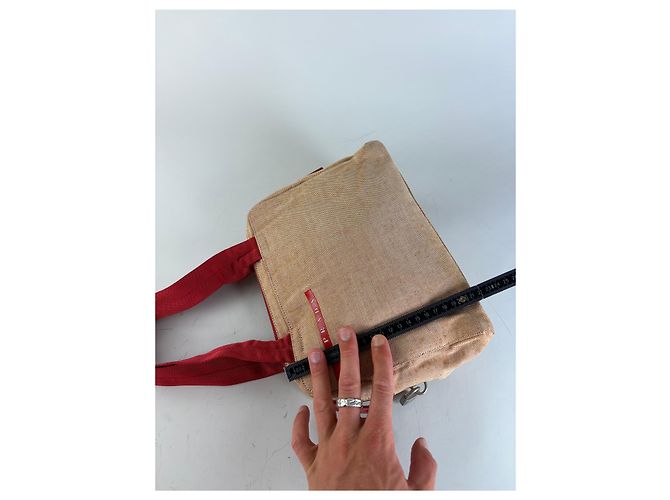 Vintage Prada Canvas Handtasche Beige Rot Silber - Ansicht 9