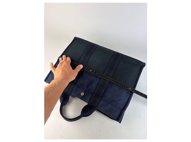 Hermès Tote in tela di cotone vintage Hermes Blu navy Nero Argento - vista 10