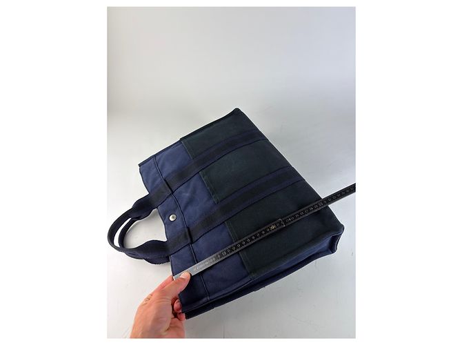 Hermès Tote in tela di cotone vintage Hermes Blu navy Nero Argento - vista 11