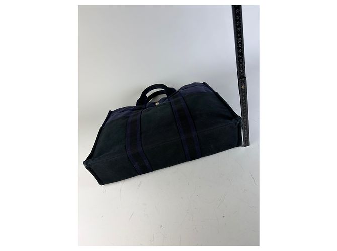 Hermès Tote in tela di cotone vintage Hermes Blu navy Nero Argento - vista 12