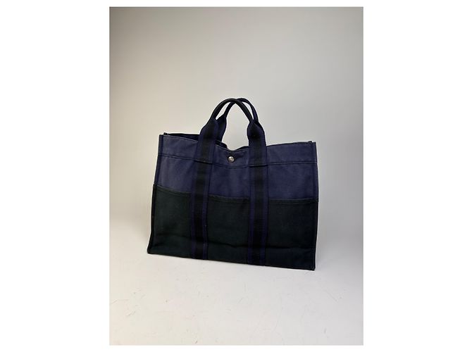 Hermès Tote in tela di cotone vintage Hermes Blu navy Nero Argento - vista 2