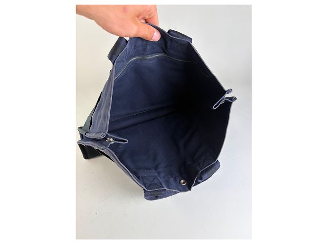 Hermès Tote in tela di cotone vintage Hermes Blu navy Nero Argento - vista 3