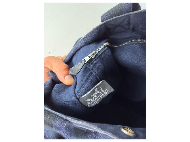 Hermès Tote in tela di cotone vintage Hermes Blu navy Nero Argento - vista 4