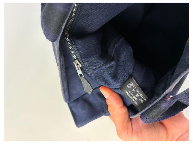 Hermès Tote in tela di cotone vintage Hermes Blu navy Nero Argento - vista 5