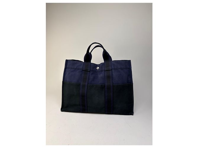 Hermès Tote in tela di cotone vintage Hermes Blu navy Nero Argento - vista 6