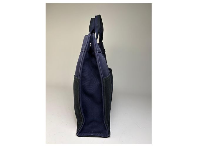 Hermès Tote in tela di cotone vintage Hermes Blu navy Nero Argento - vista 7