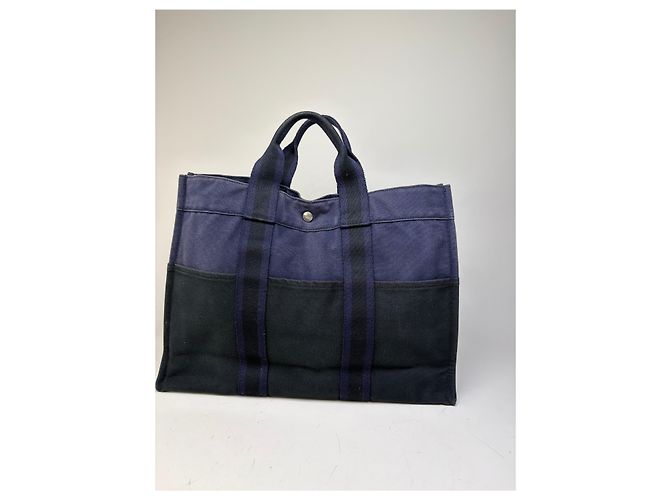 Hermès Tote in tela di cotone vintage Hermes Blu navy Nero Argento - vista 8