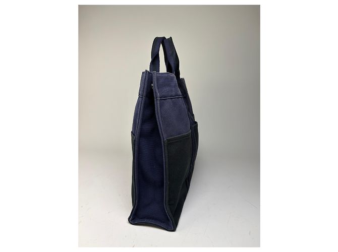 Hermès Tote in tela di cotone vintage Hermes Blu navy Nero Argento - vista 9