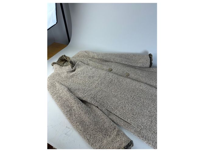 Vintage Givenchy Wool Blend Coat Fur Trim Beige Grey M - view 10