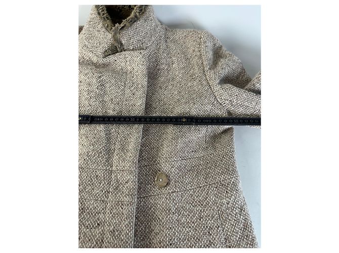 Vintage Givenchy Wool Blend Coat Fur Trim Beige Grey M - view 12