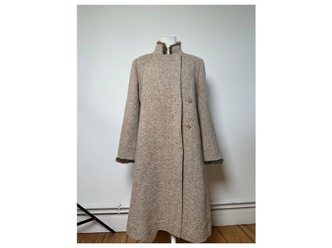 Vintage Givenchy Wool Blend Coat Fur Trim Beige Grey M - view 14