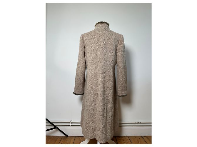 Vintage Givenchy Wool Blend Coat Fur Trim Beige Grey M - view 15