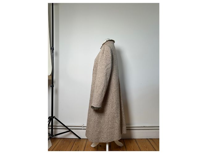 Vintage Givenchy Wool Blend Coat Fur Trim Beige Grey M - view 2