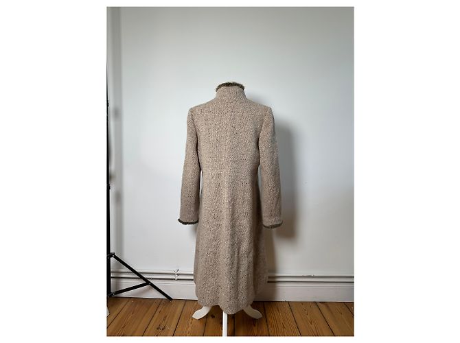 Vintage Givenchy Wool Blend Coat Fur Trim Beige Grey M - view 3