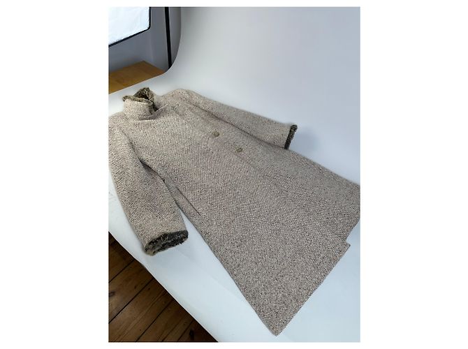 Vintage Givenchy Wool Blend Coat Fur Trim Beige Grey M - view 5