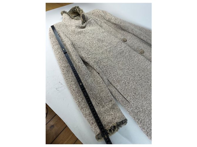 Vintage Givenchy Wool Blend Coat Fur Trim Beige Grey M - view 9